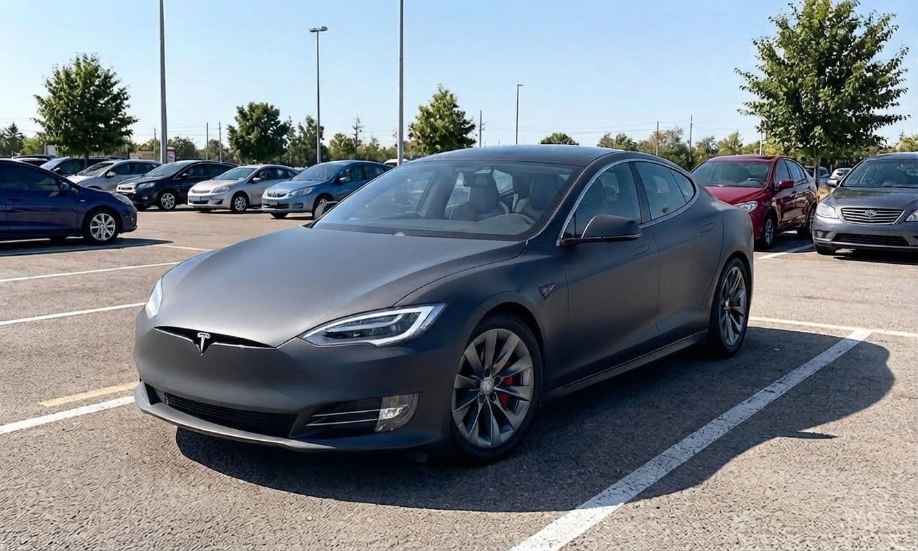 After: a matte dark grey Tesla Model S, vinyl wrapped